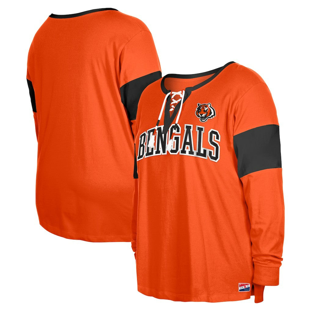 Cincinnati Bengals New Era Women's Plus Size Lace-Up Notch Neck Long Sleeve T-Shirt  Orange
