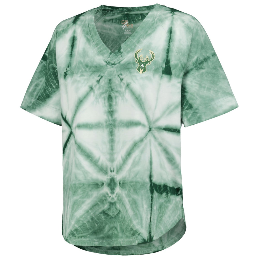 Milwaukee Bucks G-III 4Her by Carl Banks Women's Tournament Raglan Oversized Tie-Dye V-Neck T-Shirt Hunter Green