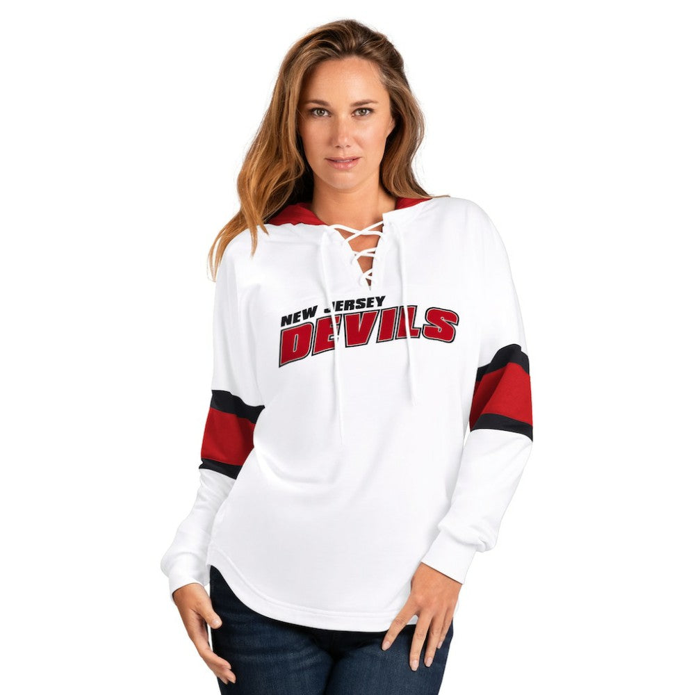 New Jersey Devils G-III 4Her by Carl Banks Women's Goal Zone Long Sleeve Lace-Up Hoodie T-Shirt - White/Red - NHL 201038239