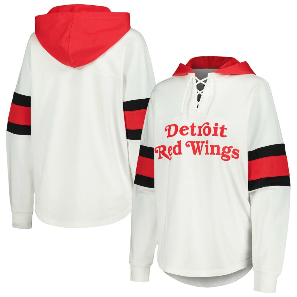 Detroit Red Wings G-III 4Her by Carl Banks Women's Goal Zone Long Sleeve Lace-Up Hoodie T-Shirt - White/Red - NHL 201038240