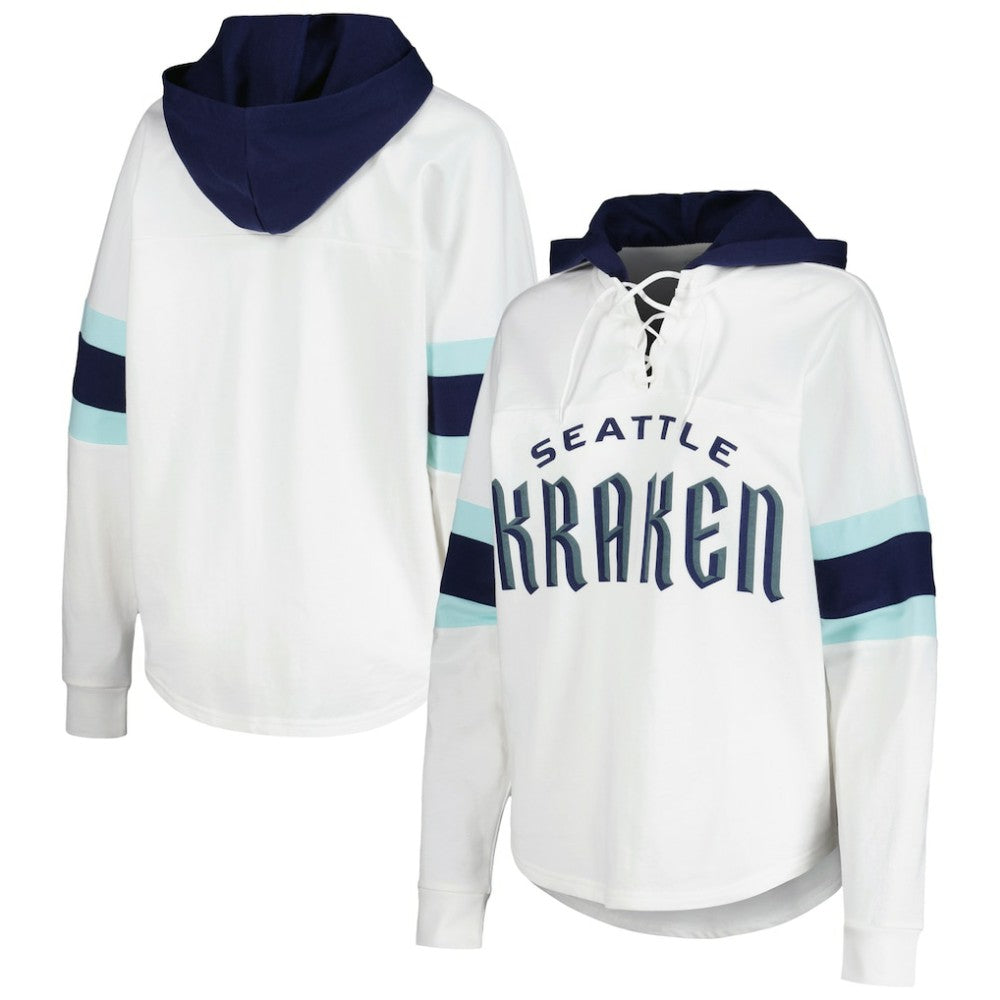 Seattle Kraken G-III 4Her by Carl Banks Women's Goal Zone Long Sleeve Lace-Up Hoodie T-Shirt - White/Deep Sea Blue - NHL 201038245