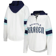 Seattle Kraken G-III 4Her by Carl Banks Women's Goal Zone Long Sleeve Lace-Up Hoodie T-Shirt - White/Deep Sea Blue - NHL 201038245