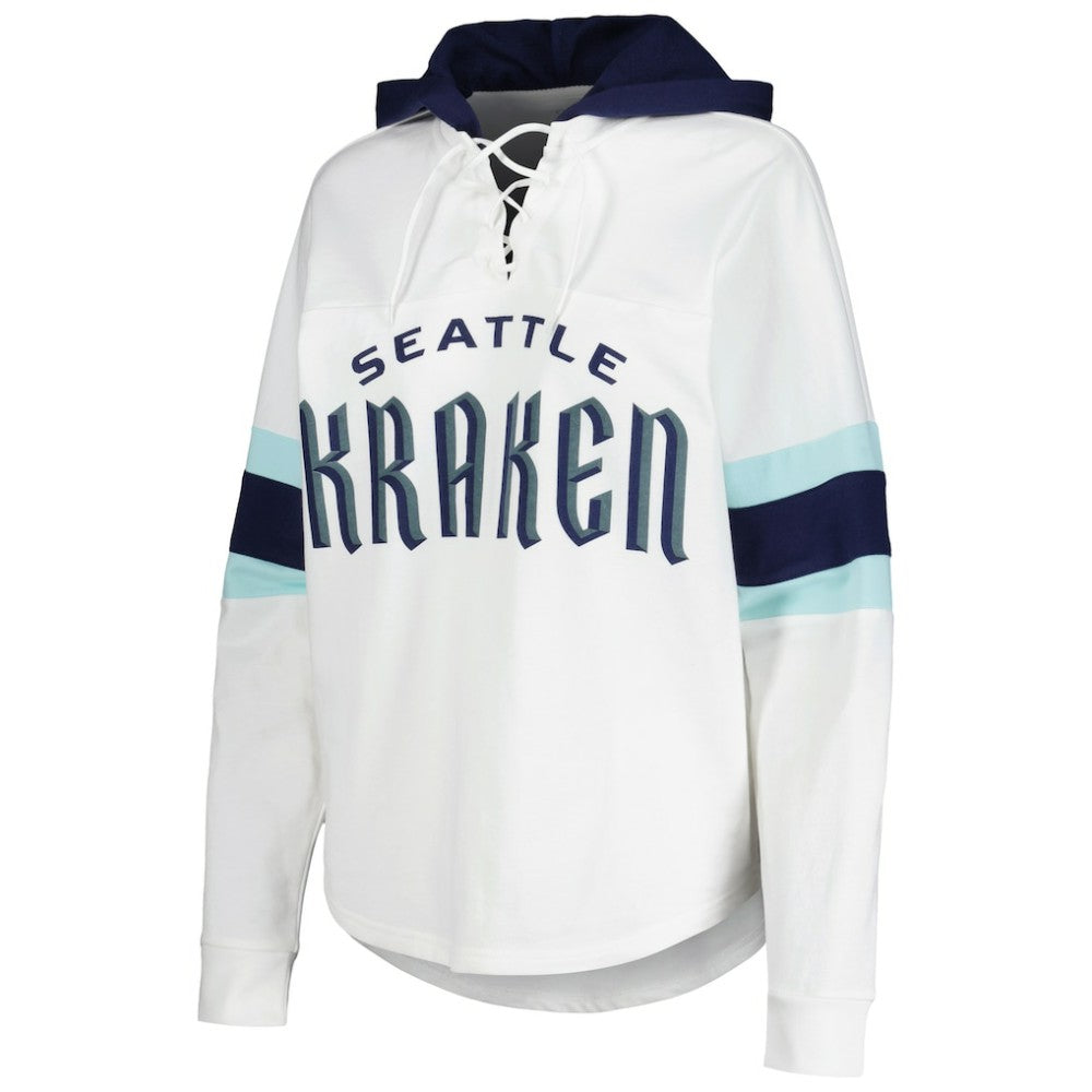 Seattle Kraken G-III 4Her by Carl Banks Women's Goal Zone Long Sleeve Lace-Up Hoodie T-Shirt - White/Deep Sea Blue - NHL 201038245