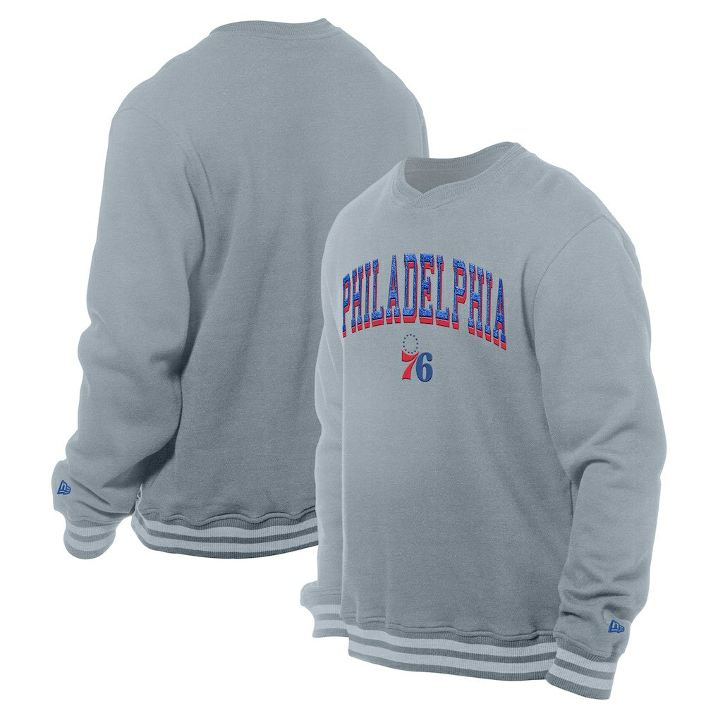 Philadelphia 76ers Chenille Cross Over Pullover Sweatshirt Gray | New Era Near Me