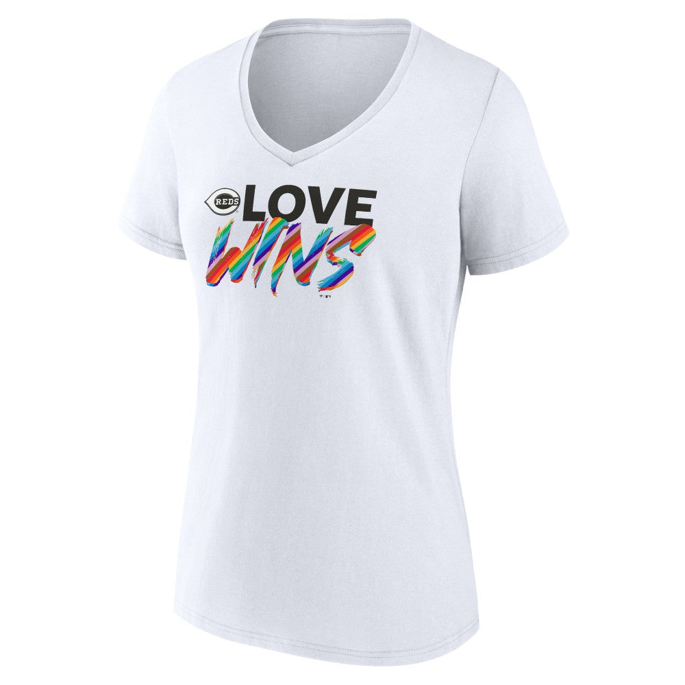 Cincinnati Reds Women's Love Wins V-Neck T-Shirt - White - MLB Sale