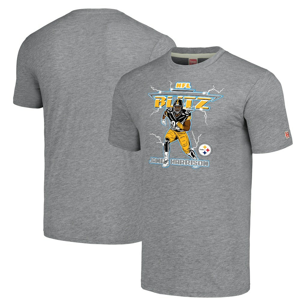 James Harrison Pittsburgh Steelers Homage Unisex NFL Blitz Retired Player Tri-Blend T-Shirt Heathered Heather Gray