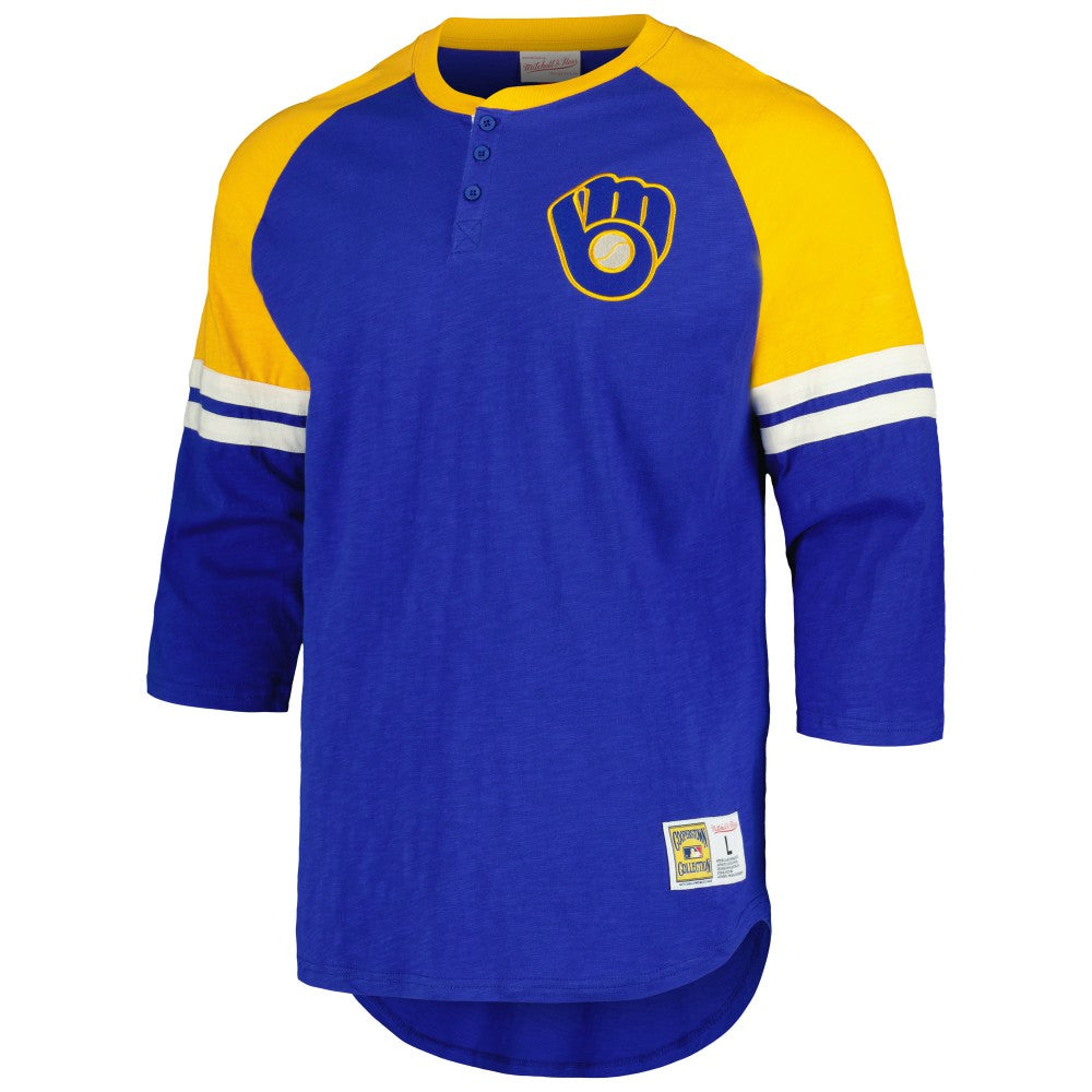 Milwaukee Brewers Mitchell & Ness Cooperstown Collection Legendary Raglan Slub Henley 3/4-Sleeve T-Shirt - Royal - Mitchell & Ness Lifestyle