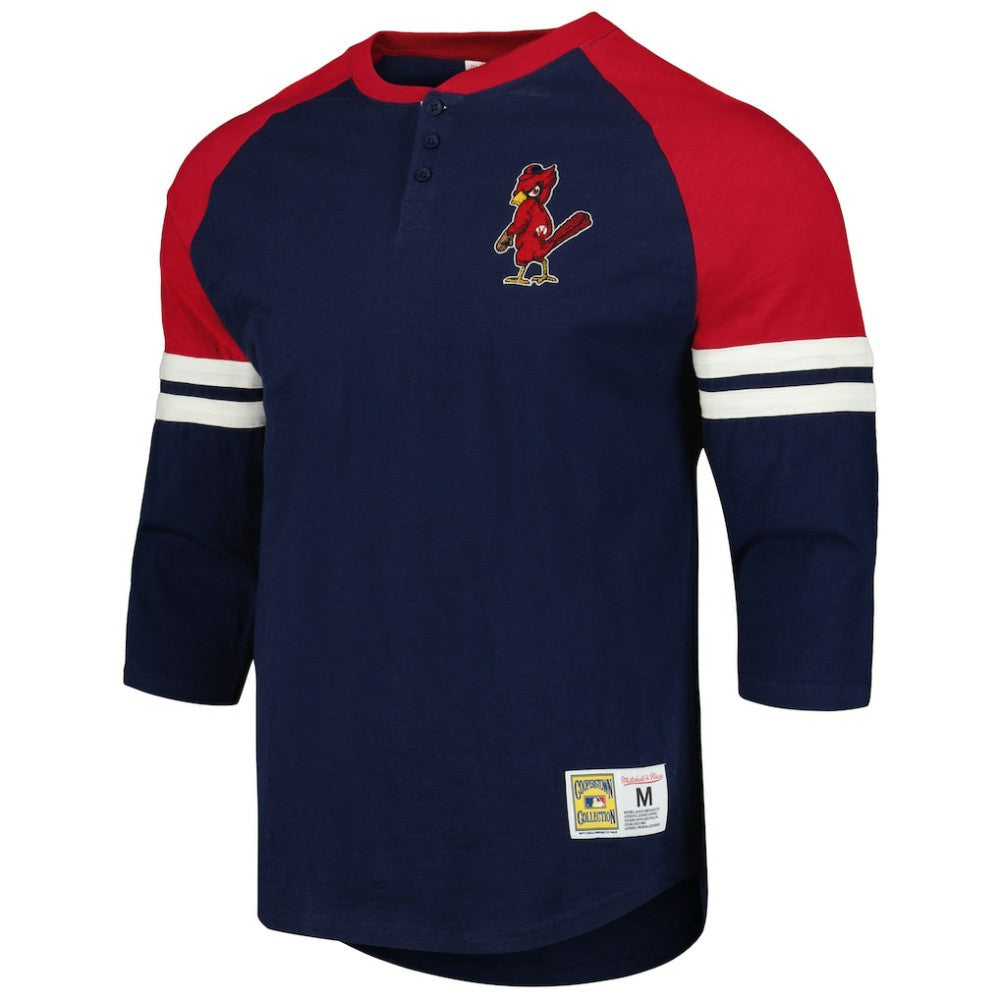 St. Louis Cardinals Mitchell & Ness Cooperstown Collection Legendary Raglan Slub Henley Three-Quarter Sleeve T-Shirt - Navy - Mitchell & Ness Lifestyle