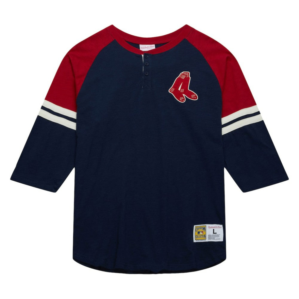 Boston Red Sox Mitchell & Ness Cooperstown Collection Legendary Raglan Slub Henley 3/4-Sleeve T-Shirt - Navy - Mitchell & Ness Lifestyle