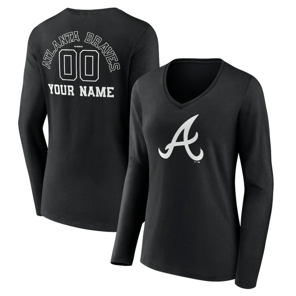 Atlanta Braves Women's Monochrome Personalized Name & Number Long Sleeve V-Neck T-Shirt - Black - MLB on Sale