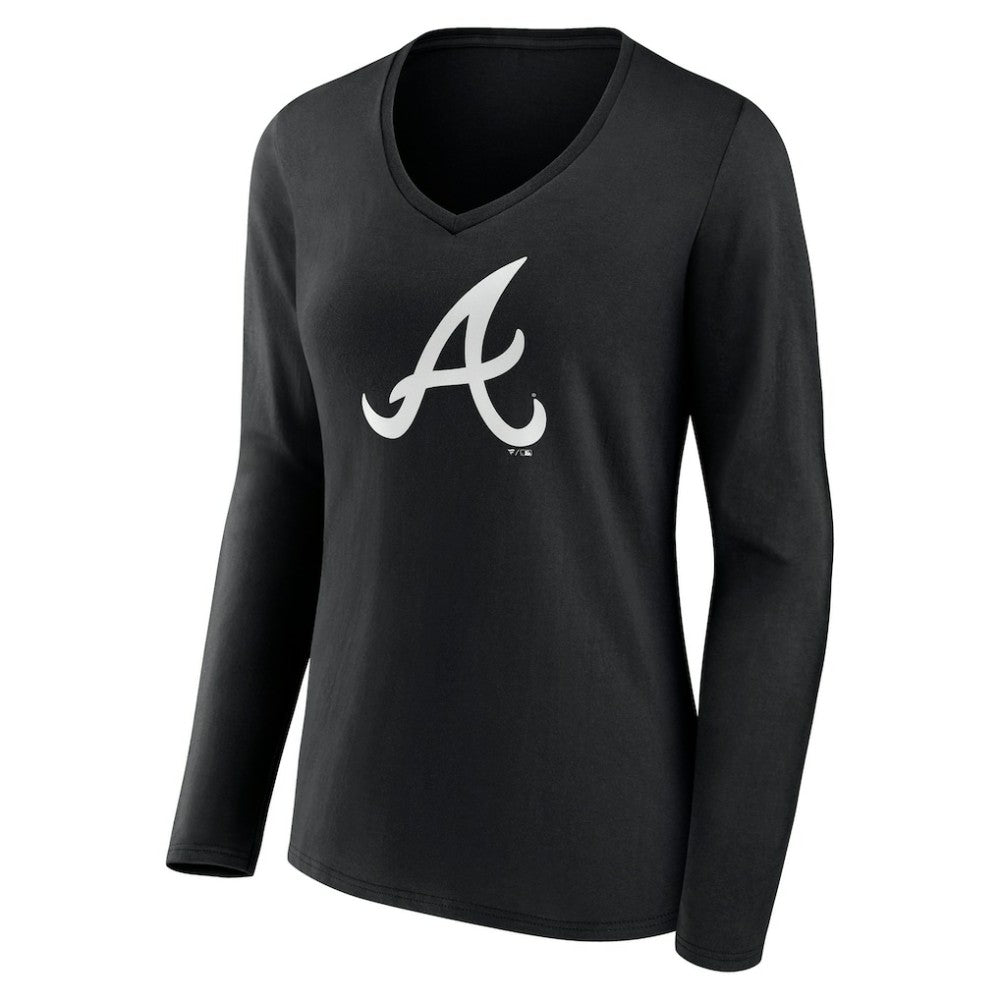 Atlanta Braves Women's Monochrome Personalized Name & Number Long Sleeve V-Neck T-Shirt - Black - MLB on Sale