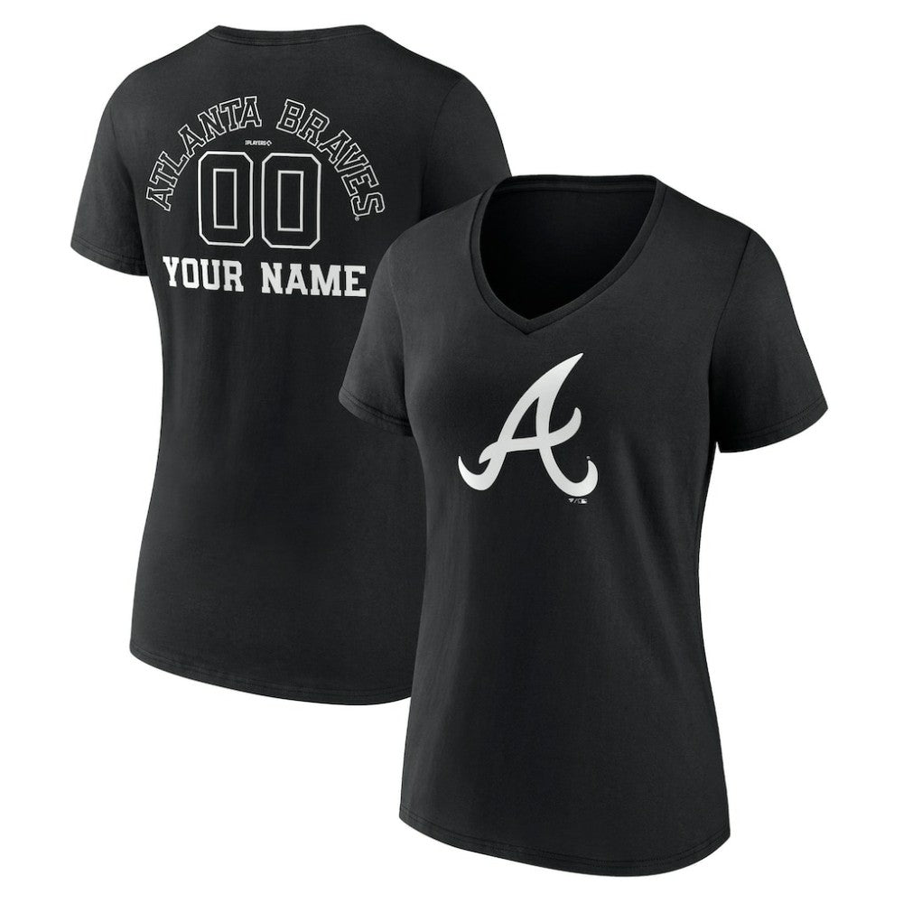 Atlanta Braves Women's Monochrome Personalized Name & Number V-Neck T-Shirt - Black - MLB Lifestyle