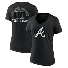 Atlanta Braves Women's Monochrome Personalized Name & Number V-Neck T-Shirt - Black - MLB Lifestyle