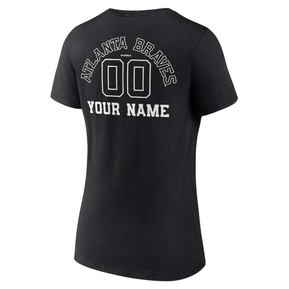Atlanta Braves Women's Monochrome Personalized Name & Number V-Neck T-Shirt - Black - MLB Lifestyle