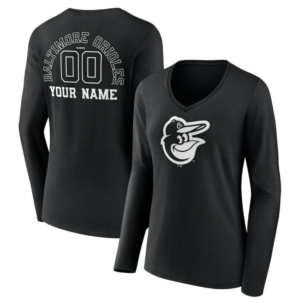 Baltimore Orioles Women's Monochrome Personalized Name & Number Long Sleeve V-Neck T-Shirt - Black - MLB Online