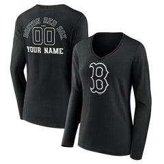 Boston Red Sox Women's Monochrome Personalized Name & Number Long Sleeve V-Neck T-Shirt - Black - MLB Discount