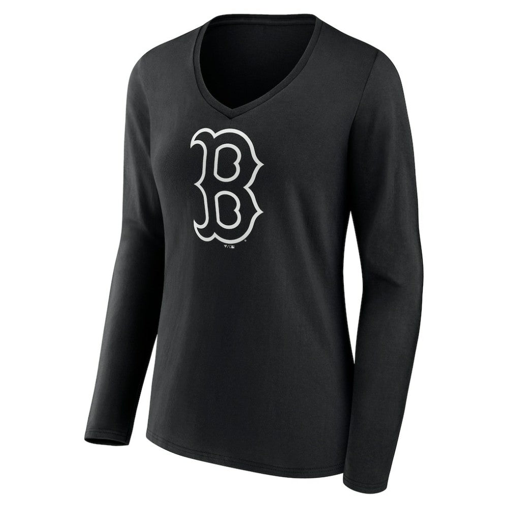 Boston Red Sox Women's Monochrome Personalized Name & Number Long Sleeve V-Neck T-Shirt - Black - MLB Discount