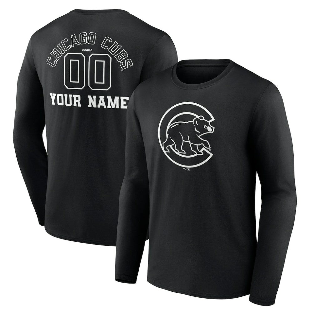 Chicago Cubs Monochrome Personalized Name & Number Long Sleeve T-Shirt - Black - MLB Lifestyle