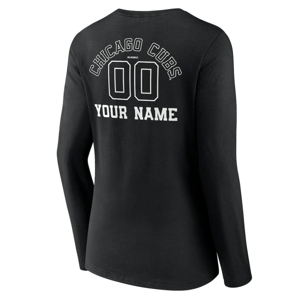 Chicago Cubs Women's Monochrome Personalized Name & Number Long Sleeve V-Neck T-Shirt - Black - MLB Discount
