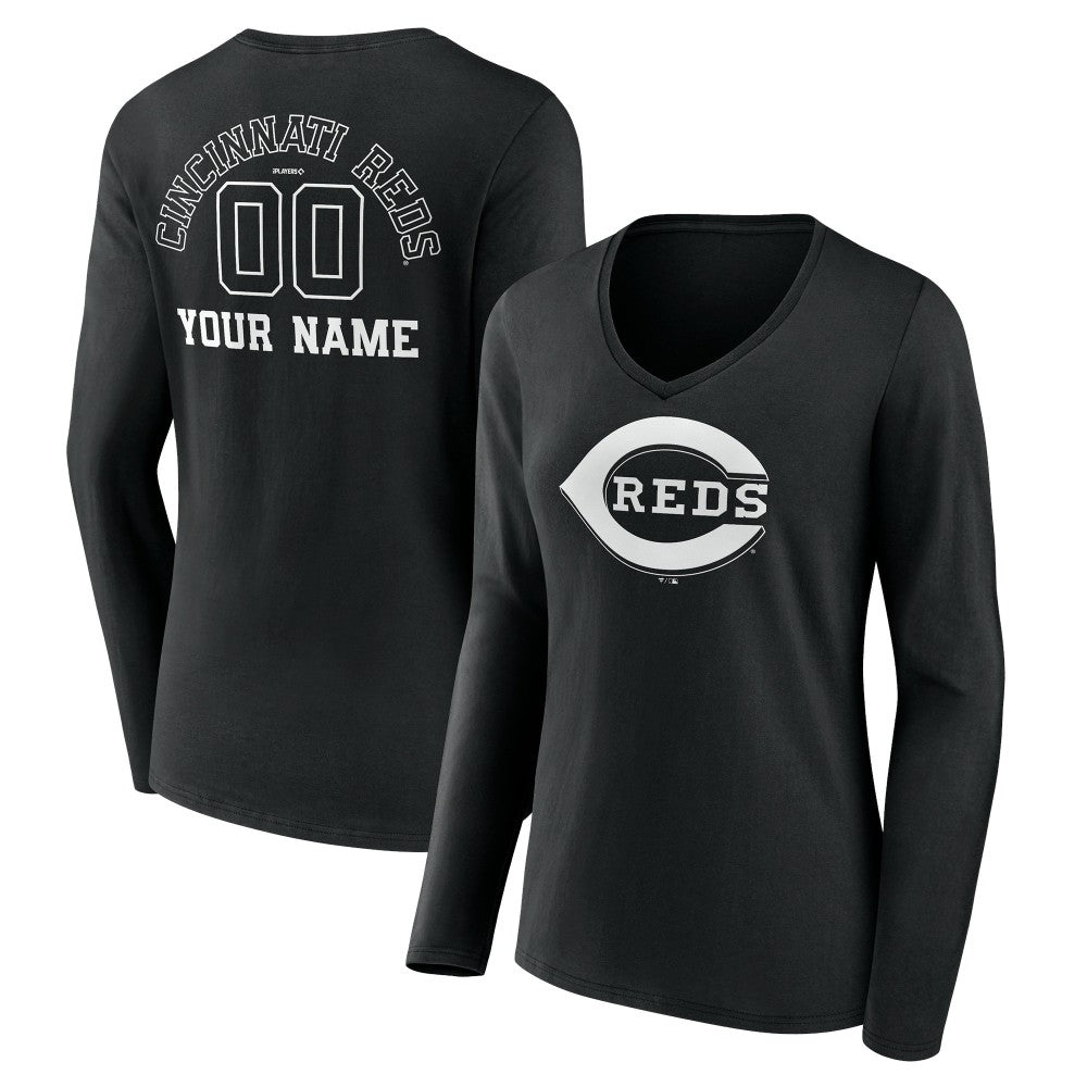 Cincinnati Reds Women's Monochrome Personalized Name & Number Long Sleeve V-Neck T-Shirt - Black - MLB Online