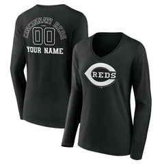 Cincinnati Reds Women's Monochrome Personalized Name & Number Long Sleeve V-Neck T-Shirt - Black - MLB Online