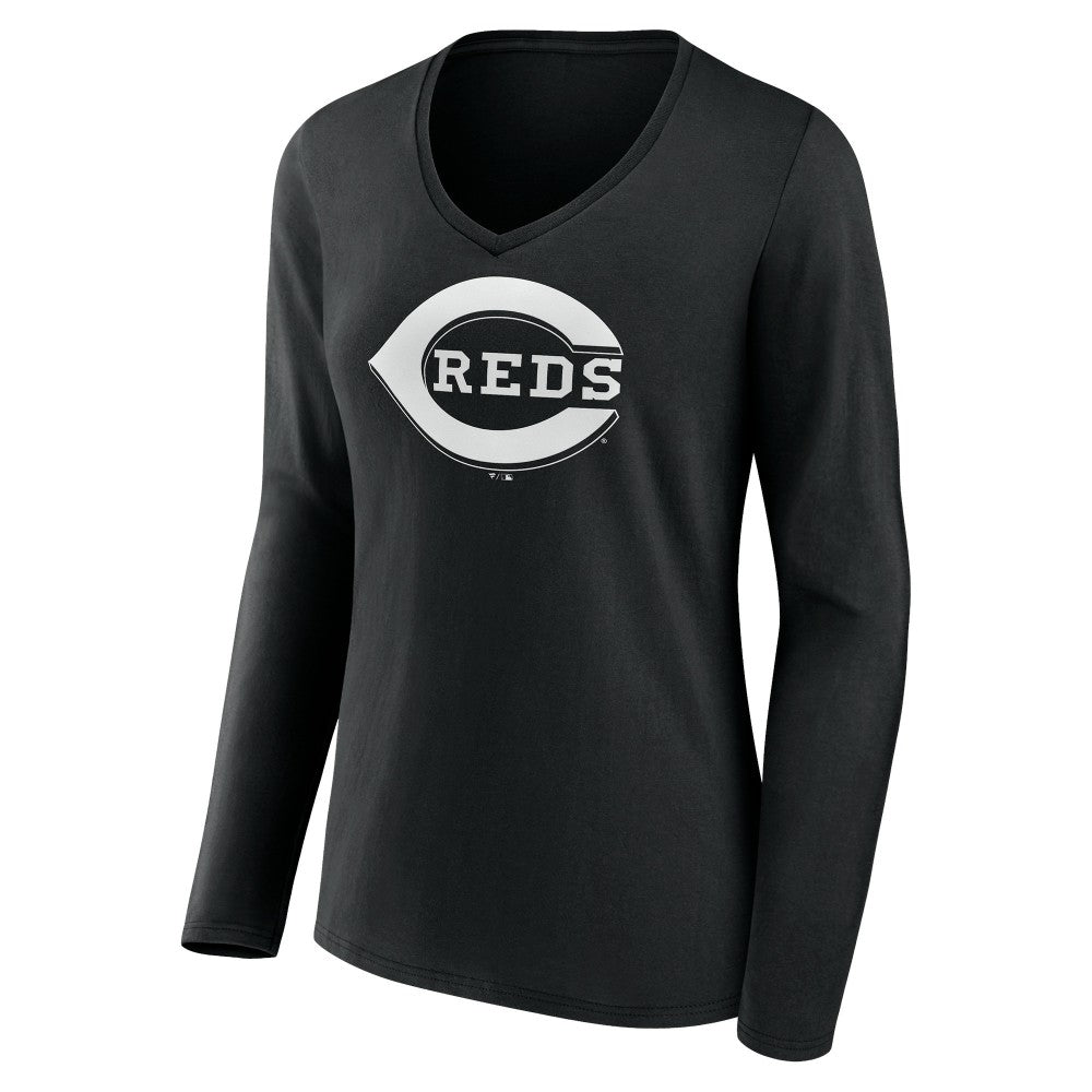 Cincinnati Reds Women's Monochrome Personalized Name & Number Long Sleeve V-Neck T-Shirt - Black - MLB Online