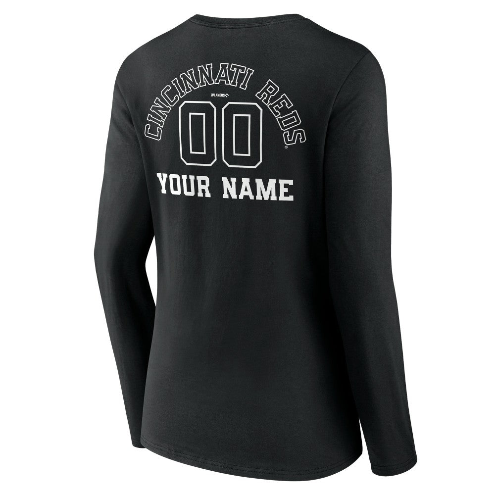 Cincinnati Reds Women's Monochrome Personalized Name & Number Long Sleeve V-Neck T-Shirt - Black - MLB Online