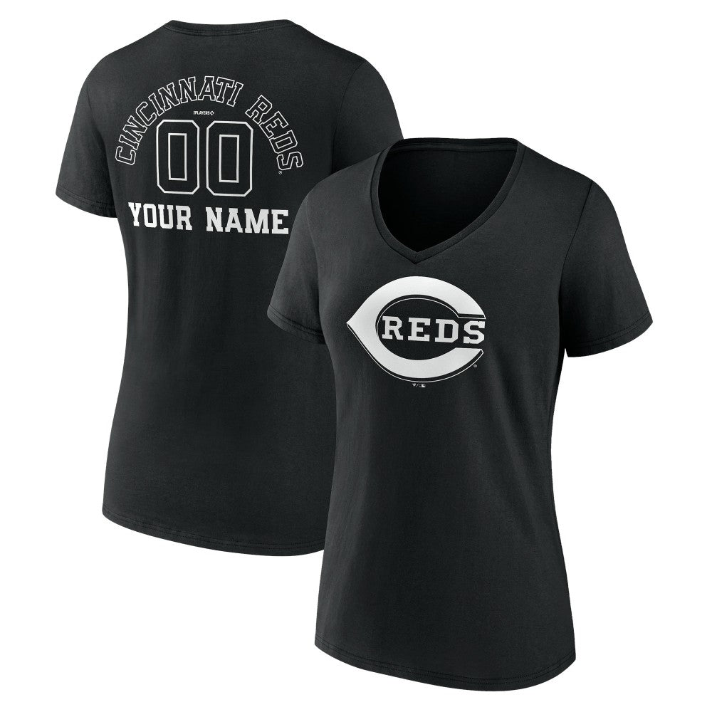 Cincinnati Reds Women's Monochrome Personalized Name & Number V-Neck T-Shirt - Black - MLB Online