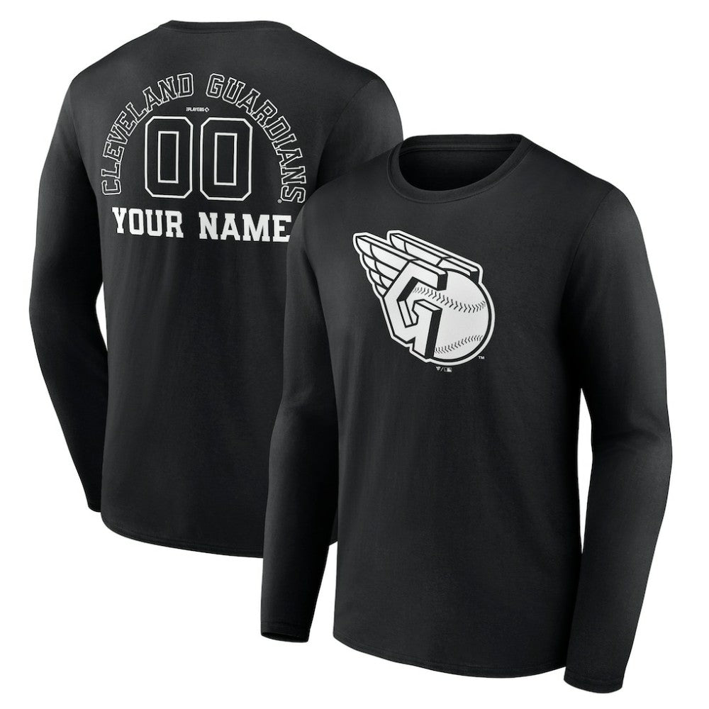 Cleveland Guardians Monochrome Personalized Name & Number Long Sleeve T-Shirt - Black - MLB Lifestyle