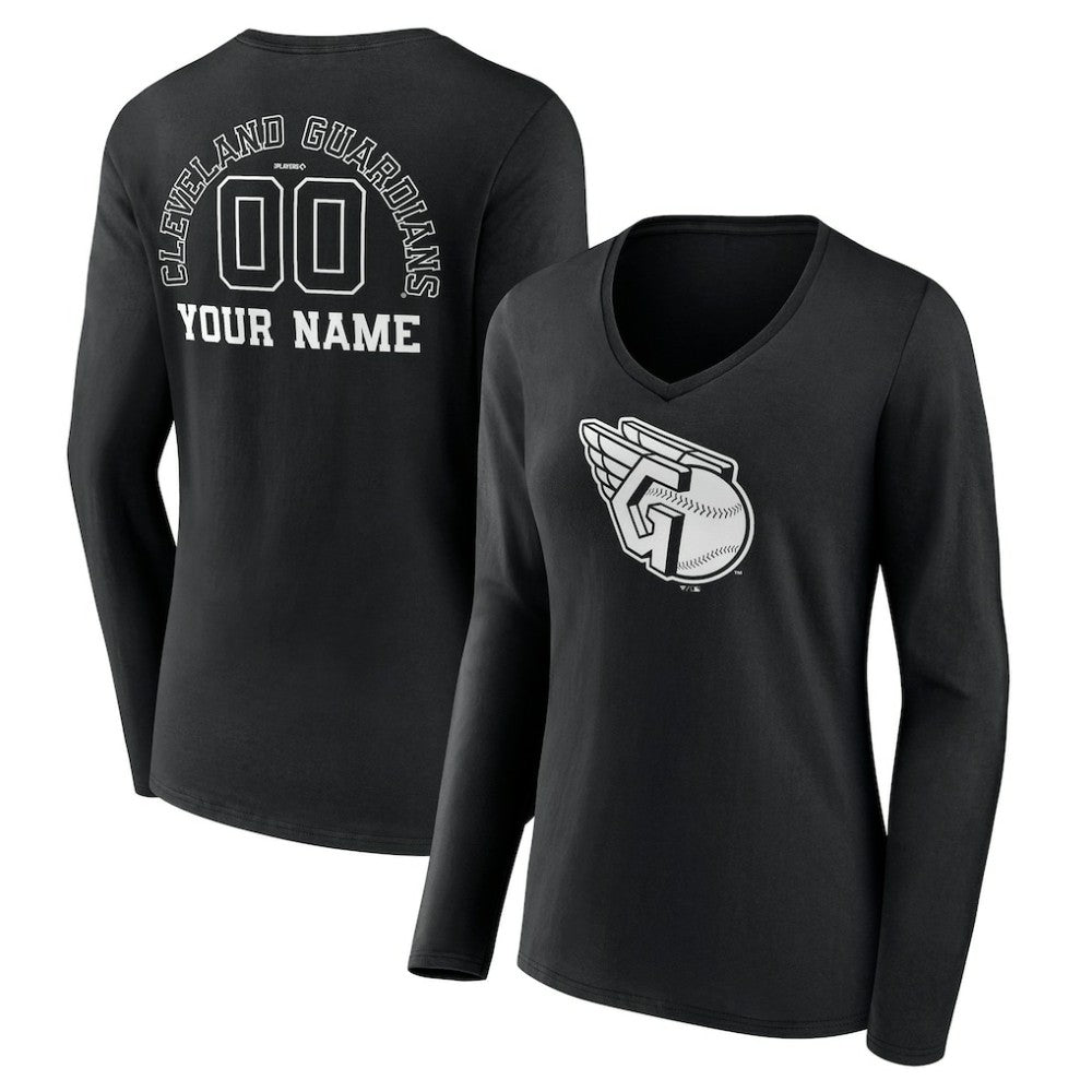 Cleveland Guardians Women's Monochrome Personalized Name & Number Long Sleeve V-Neck T-Shirt - Black - MLB Online