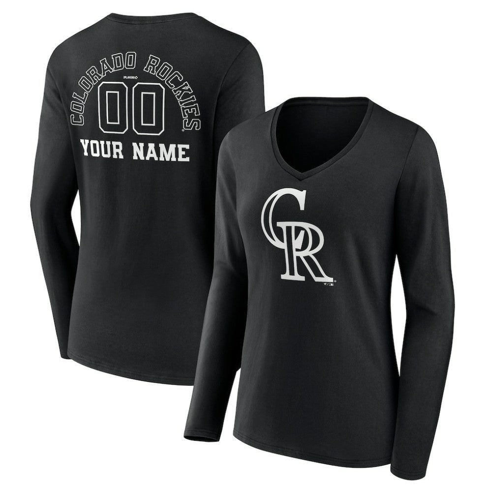 Colorado Rockies Women's Monochrome Personalized Name & Number Long Sleeve V-Neck T-Shirt - Black - MLB Discount