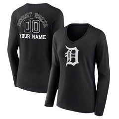 Detroit Tigers Women's Monochrome Personalized Name & Number Long Sleeve V-Neck T-Shirt - Black - MLB Lifestyle