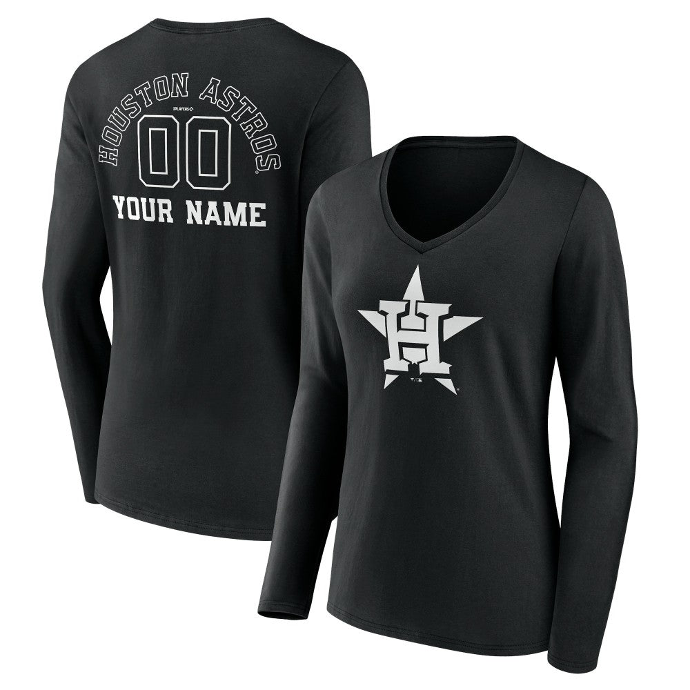 Houston Astros Women's Monochrome Personalized Name & Number Long Sleeve V-Neck T-Shirt - Black - MLB Lifestyle