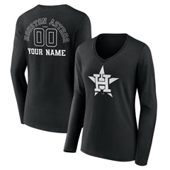 Houston Astros Women's Monochrome Personalized Name & Number Long Sleeve V-Neck T-Shirt - Black - MLB Lifestyle