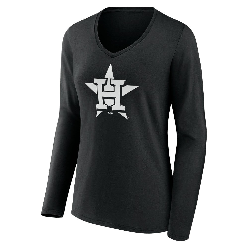 Houston Astros Women's Monochrome Personalized Name & Number Long Sleeve V-Neck T-Shirt - Black - MLB Lifestyle
