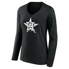 Houston Astros Women's Monochrome Personalized Name & Number Long Sleeve V-Neck T-Shirt - Black - MLB Lifestyle