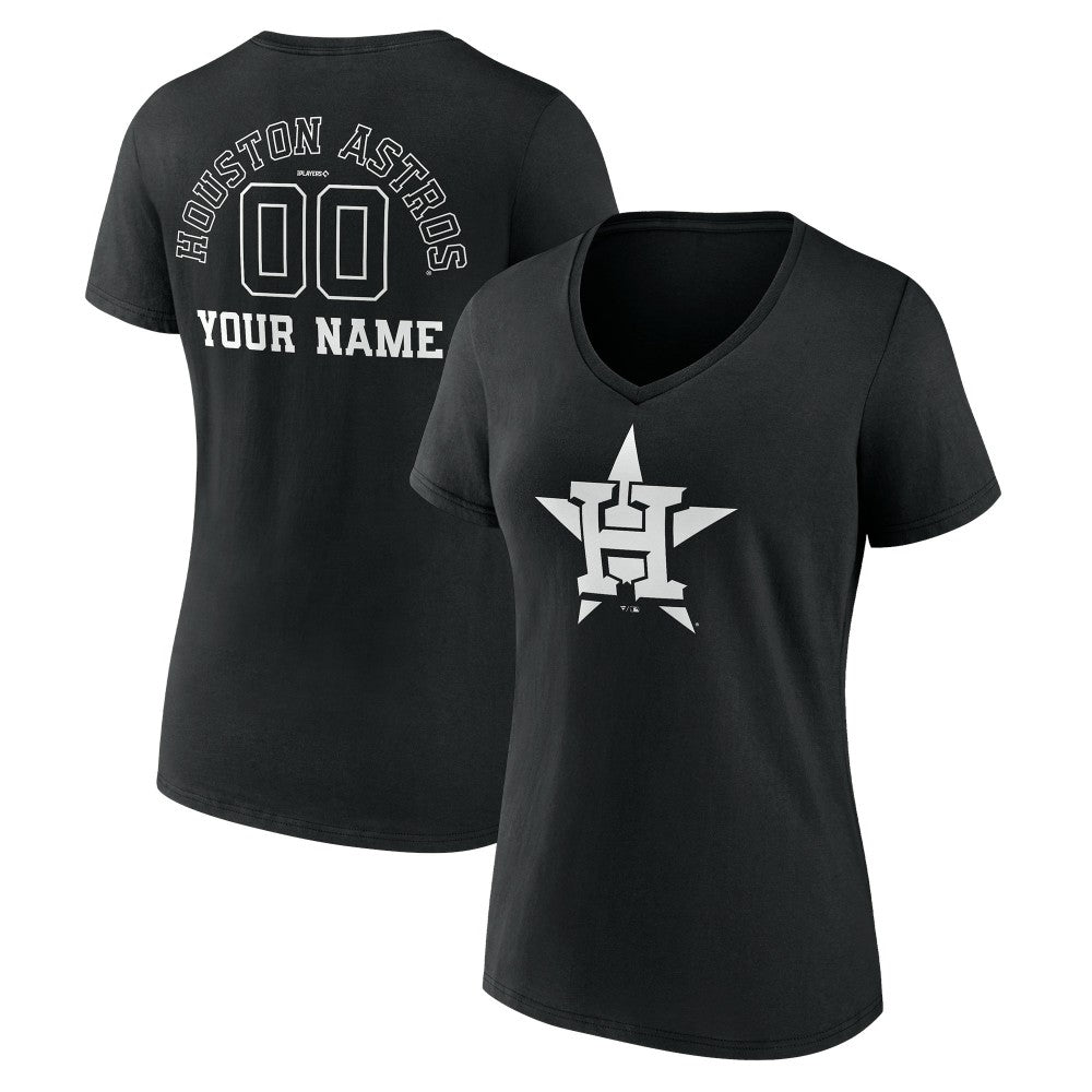 Houston Astros Women's Monochrome Personalized Name & Number V-Neck T-Shirt - Black - MLB Discount