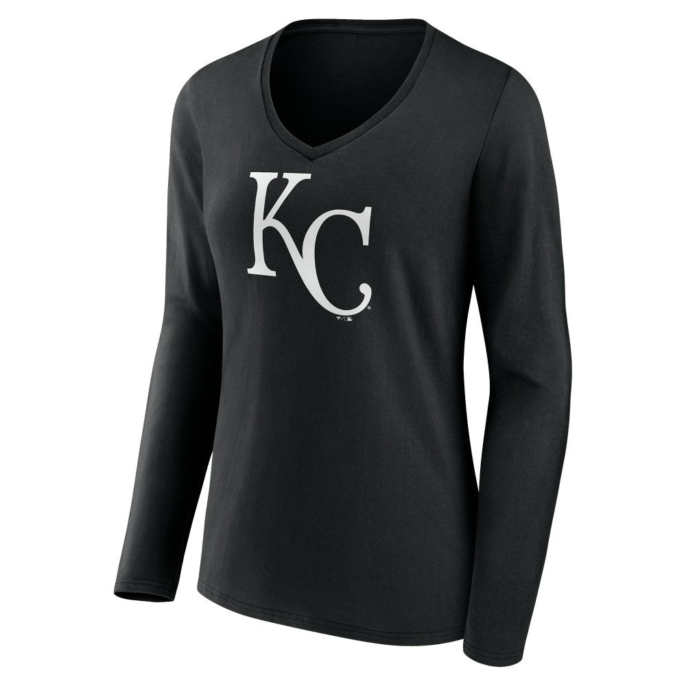 Kansas City Royals Women's Monochrome Personalized Name & Number Long Sleeve V-Neck T-Shirt - Black - MLB Sale