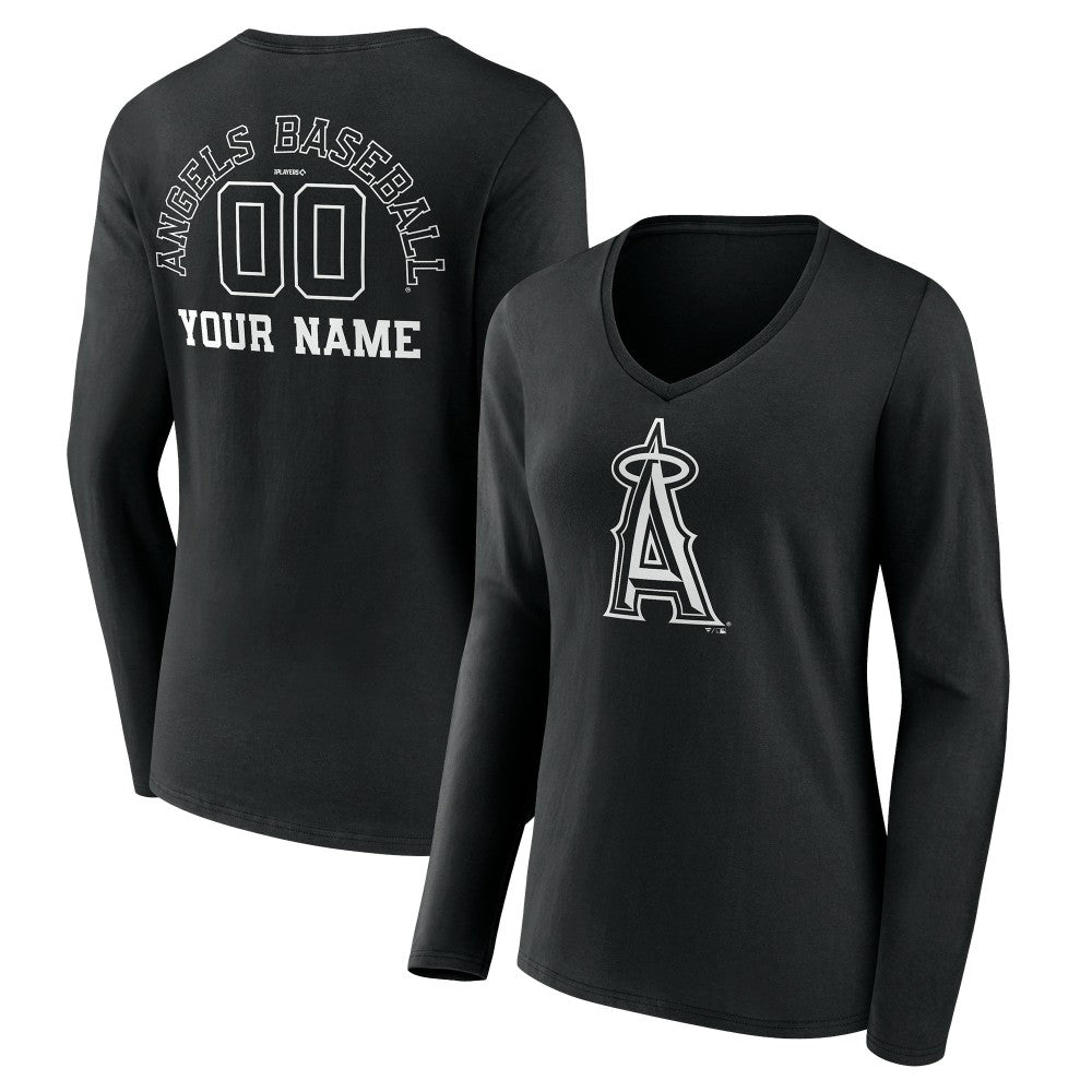 Los Angeles Angels Women's Monochrome Personalized Name & Number Long Sleeve V-Neck T-Shirt - Black - MLB Discount