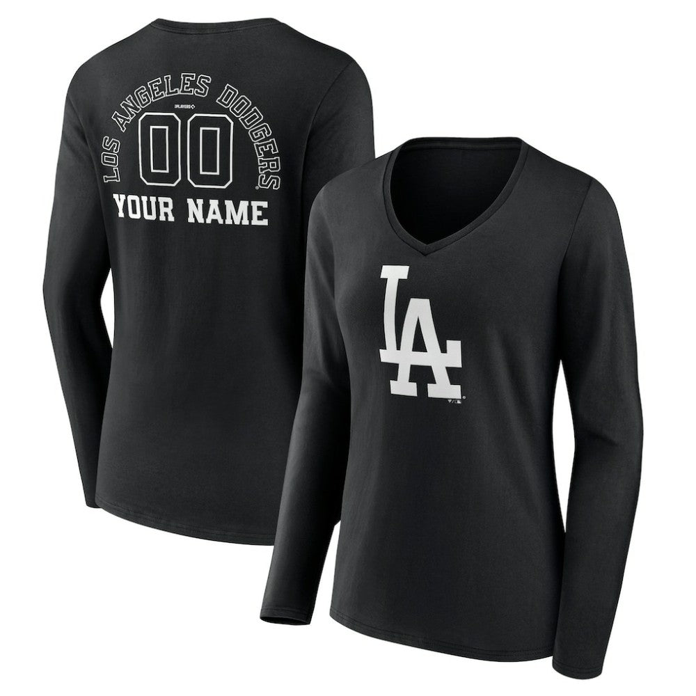 Los Angeles Dodgers Women's Monochrome Personalized Name & Number Long Sleeve V-Neck T-Shirt - Black - MLB Lifestyle
