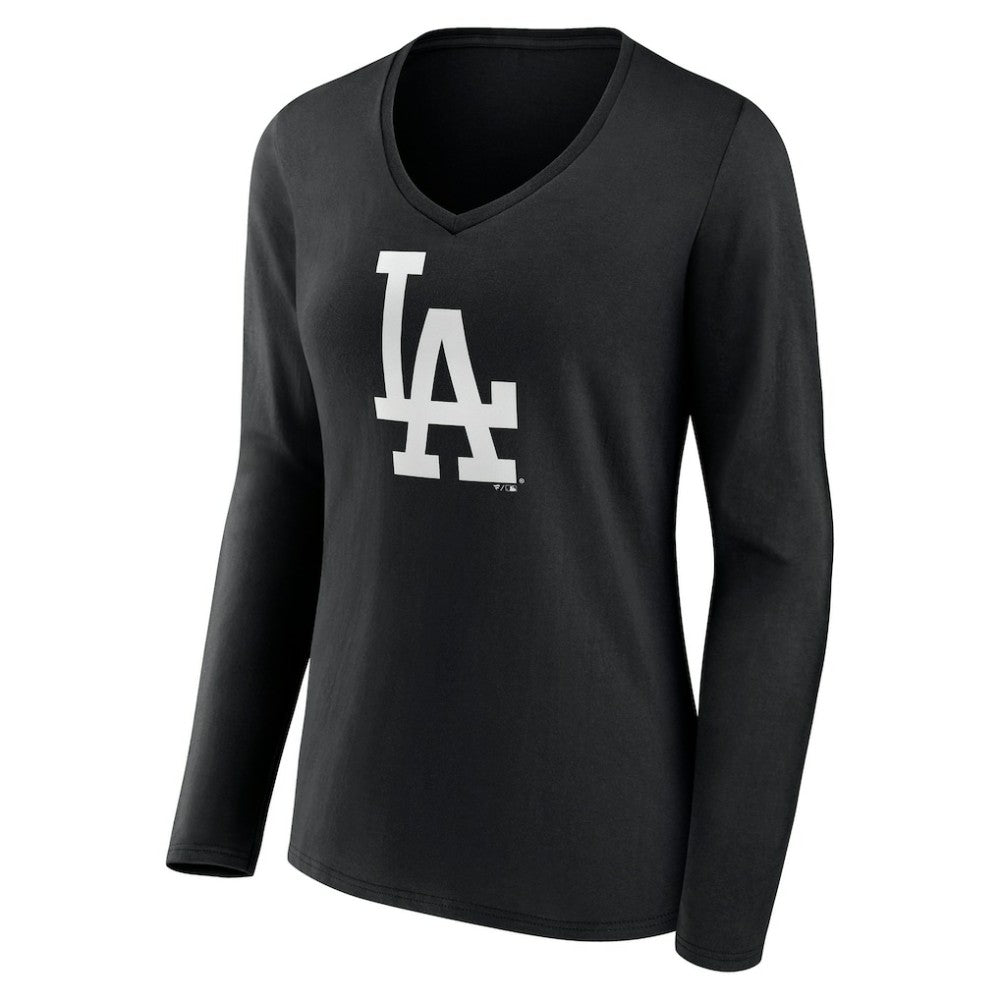Los Angeles Dodgers Women's Monochrome Personalized Name & Number Long Sleeve V-Neck T-Shirt - Black - MLB Lifestyle