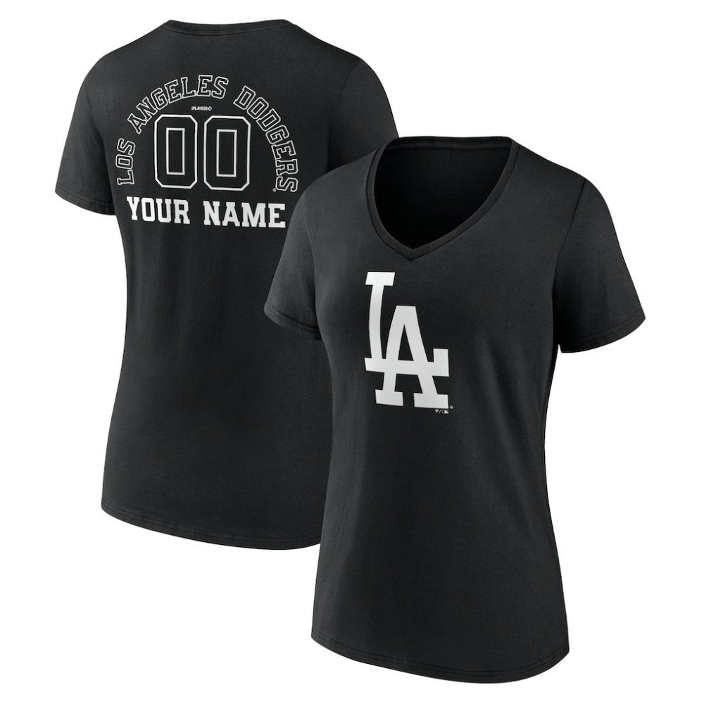 Los Angeles Dodgers Women's Monochrome Personalized Name & Number V-Neck T-Shirt - Black - MLB Sale