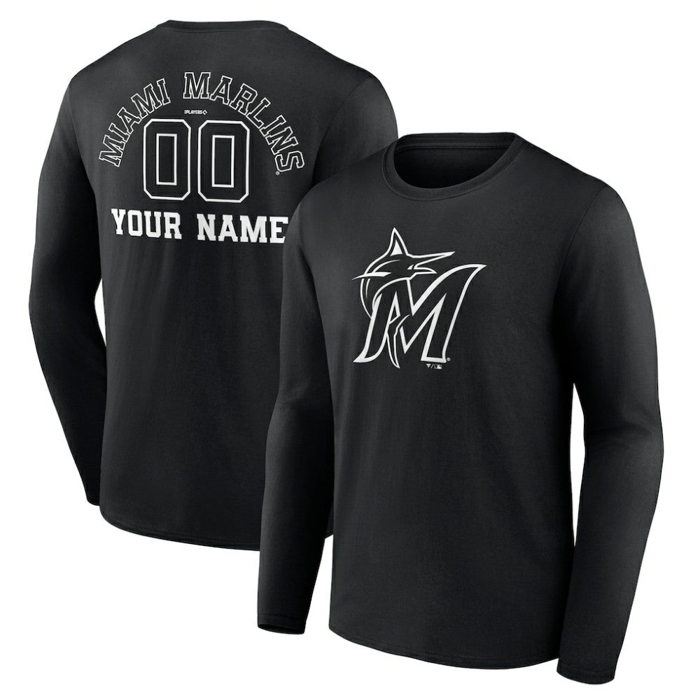 Miami Marlins Monochrome Personalized Name & Number Long Sleeve T-Shirt - Black - MLB on Sale
