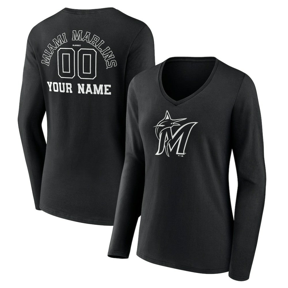 Miami Marlins Women's Monochrome Personalized Name & Number Long Sleeve V-Neck T-Shirt - Black - MLB Discount
