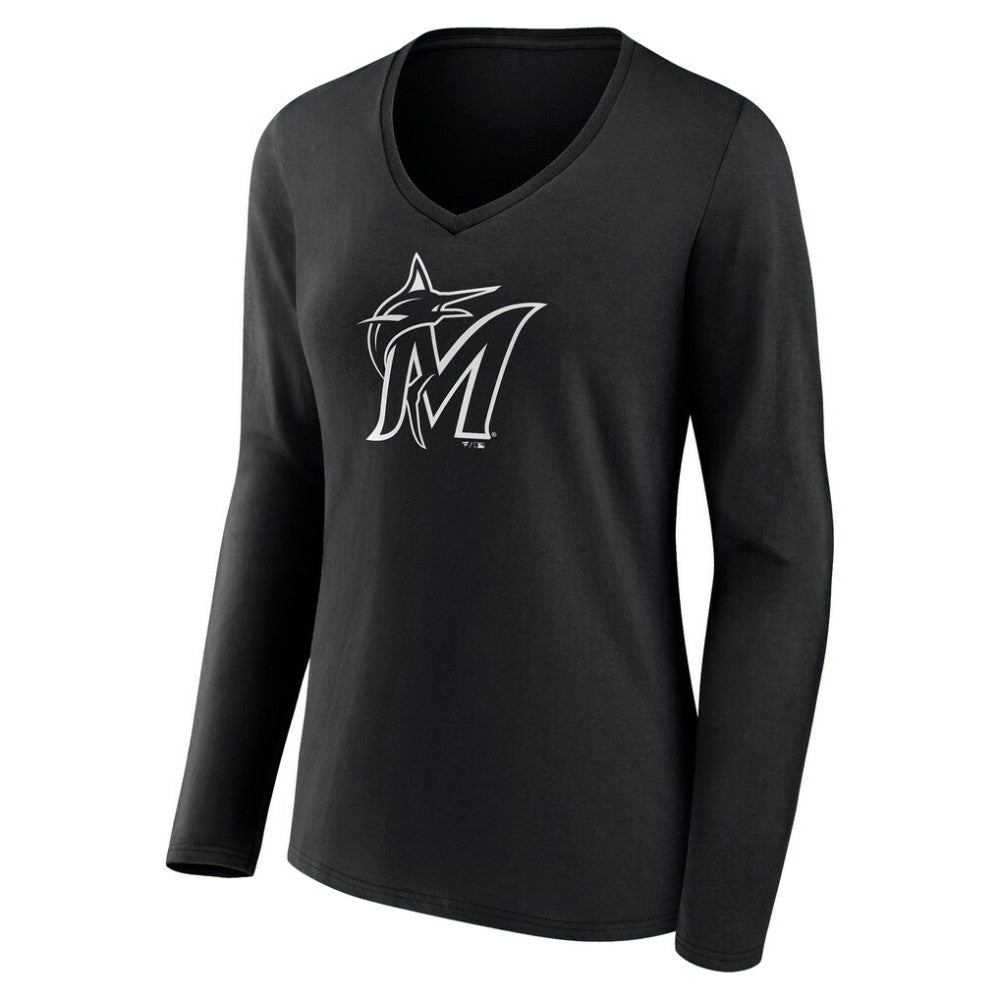 Miami Marlins Women's Monochrome Personalized Name & Number Long Sleeve V-Neck T-Shirt - Black - MLB Discount