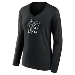 Miami Marlins Women's Monochrome Personalized Name & Number Long Sleeve V-Neck T-Shirt - Black - MLB Discount