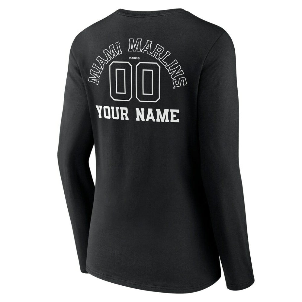 Miami Marlins Women's Monochrome Personalized Name & Number Long Sleeve V-Neck T-Shirt - Black - MLB Discount