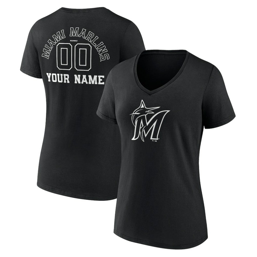 Miami Marlins Women's Monochrome Personalized Name & Number V-Neck T-Shirt - Black - MLB Discount