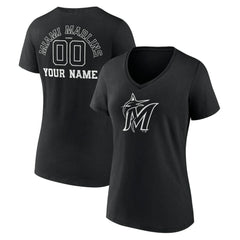 Miami Marlins Women's Monochrome Personalized Name & Number V-Neck T-Shirt - Black - MLB Discount