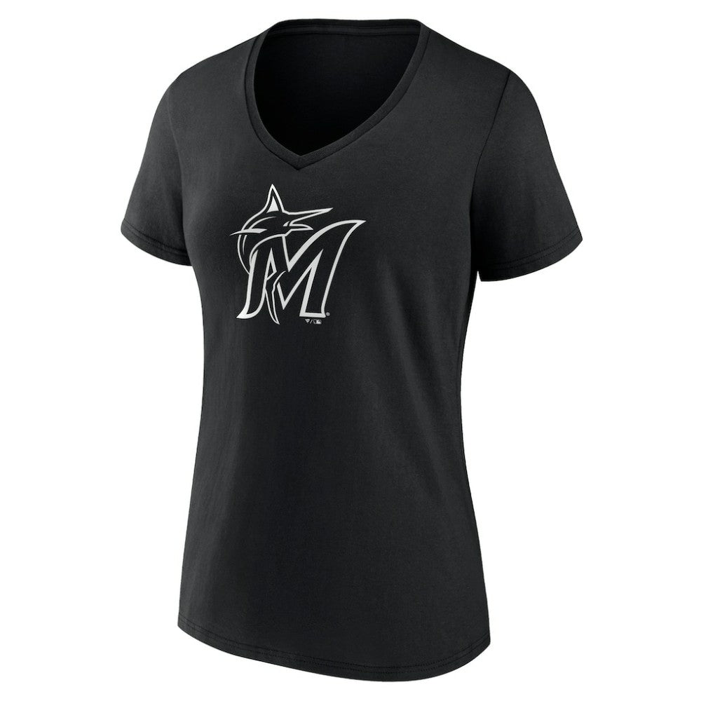 Miami Marlins Women's Monochrome Personalized Name & Number V-Neck T-Shirt - Black - MLB Discount